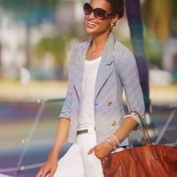 CAbi Nautical Navy & White Striped Blazer Style823 - Picture 2 of 4